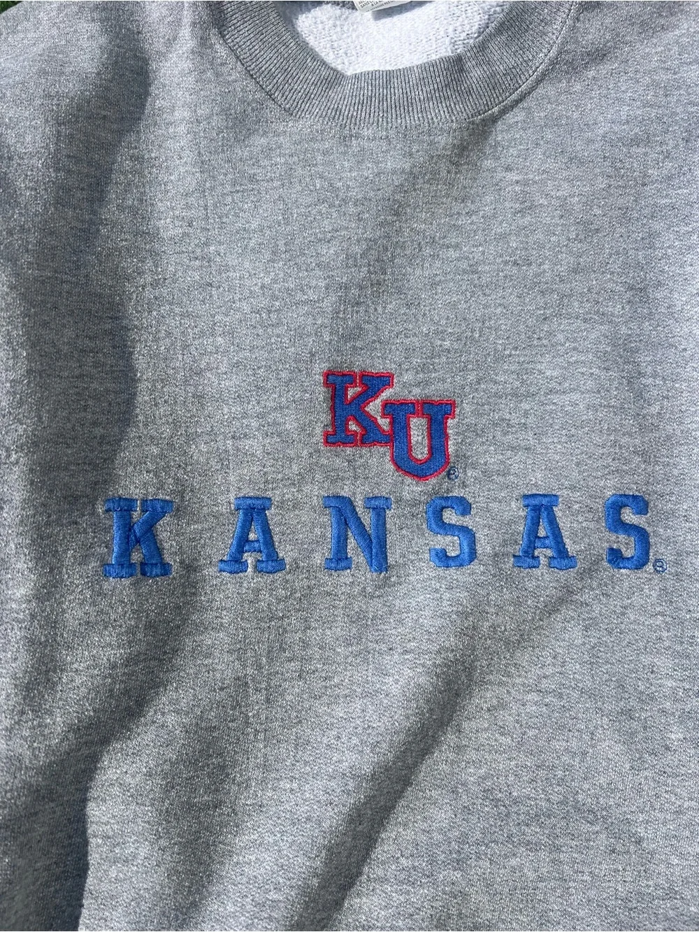 J. Crew Gray Crewneck with Blue KANSAS Script and Red KU Emblem